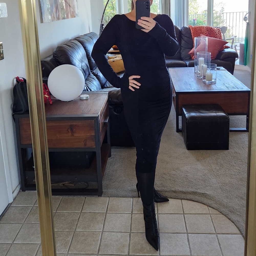 Apart black ruched viscose jersey curve hugging Dress Sz 6 Made in Italy